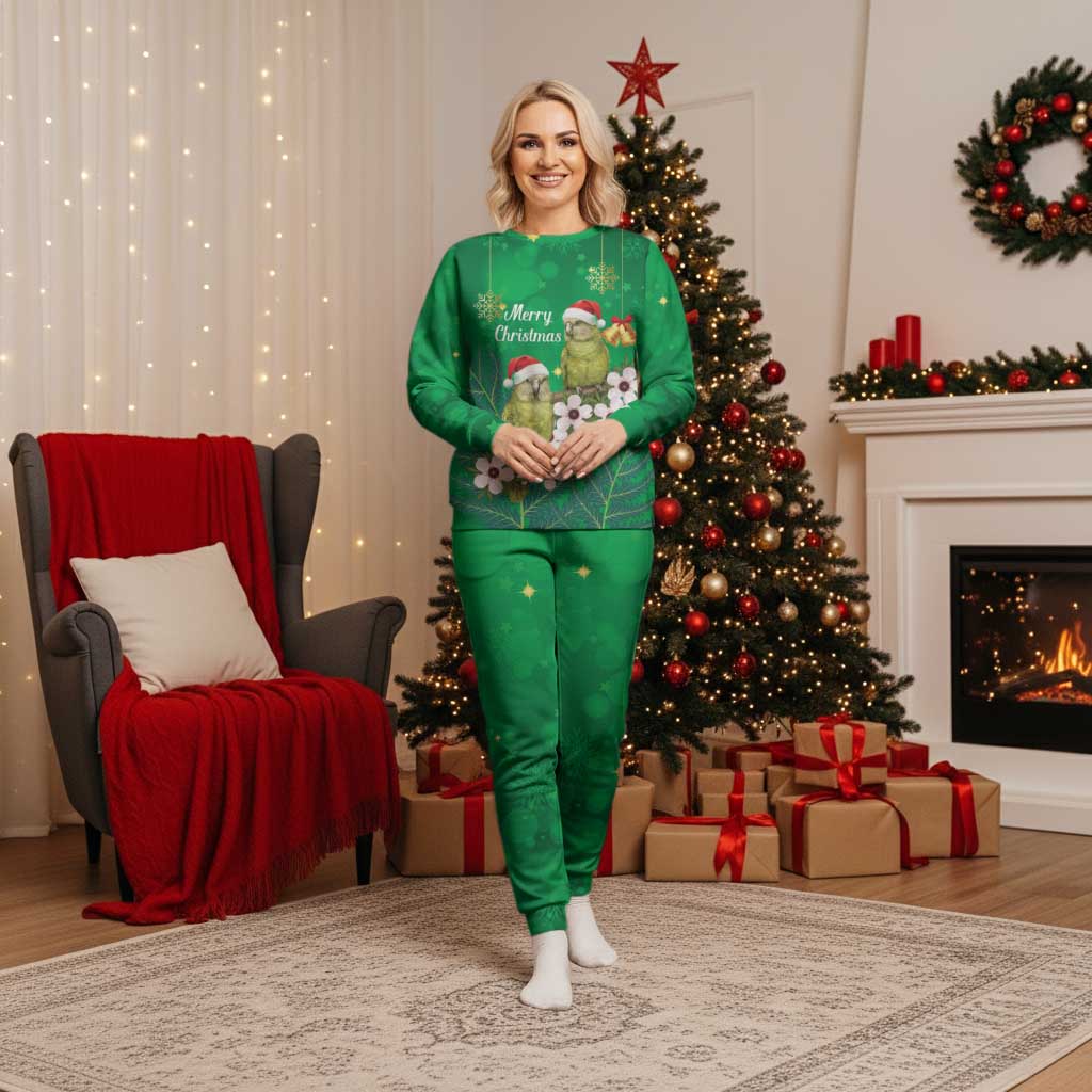 New Zealand Kakapo Christmas Pajama Set Owl Parrot Santa Sliver Fern Manuka - Green - Polynesian Pride
