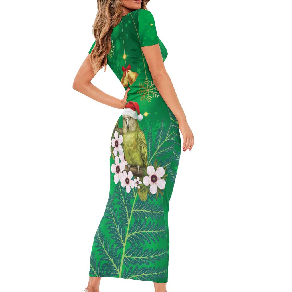 New Zealand Kakapo Christmas Short Sleeve Bodycon Dress Owl Parrot Santa Sliver Fern Manuka - Green - Polynesian Pride