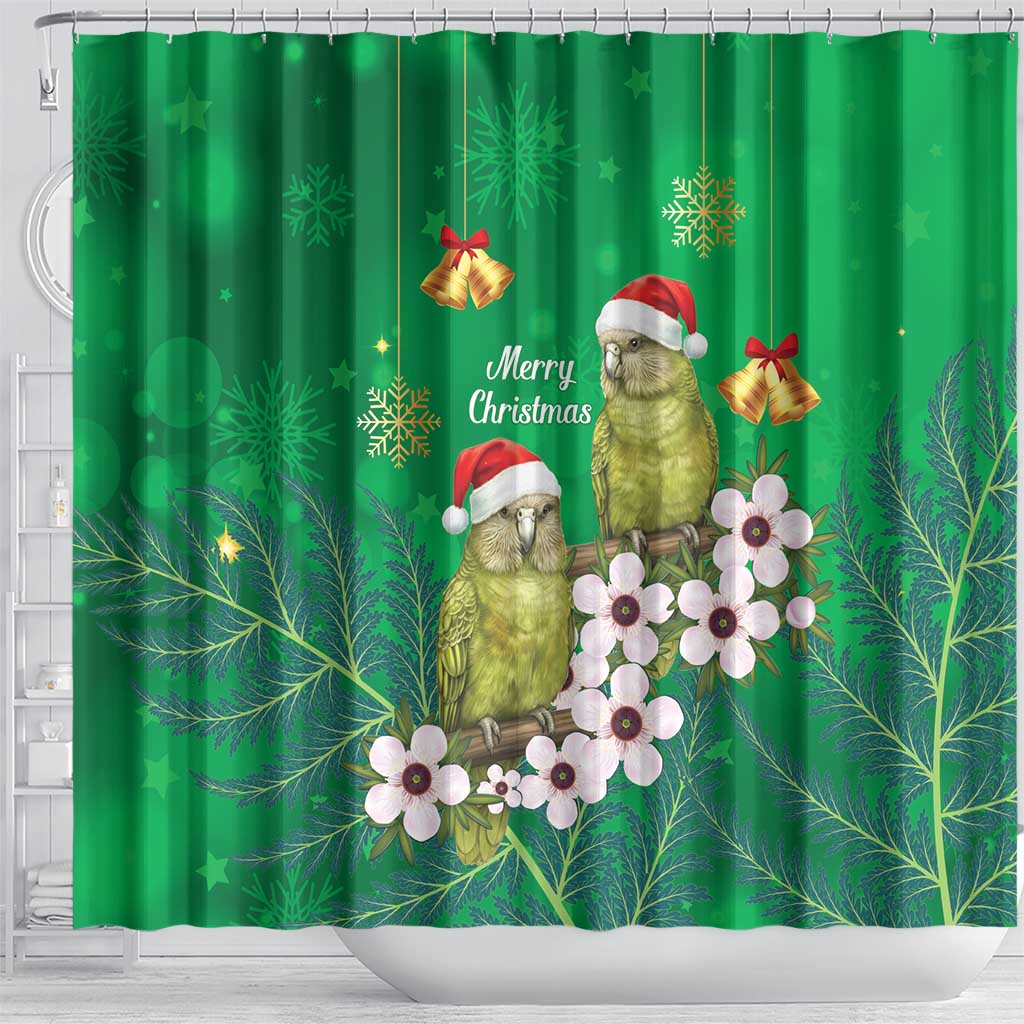 New Zealand Kakapo Christmas Shower Curtain Owl Parrot Santa Sliver Fern Manuka - Green - Polynesian Pride