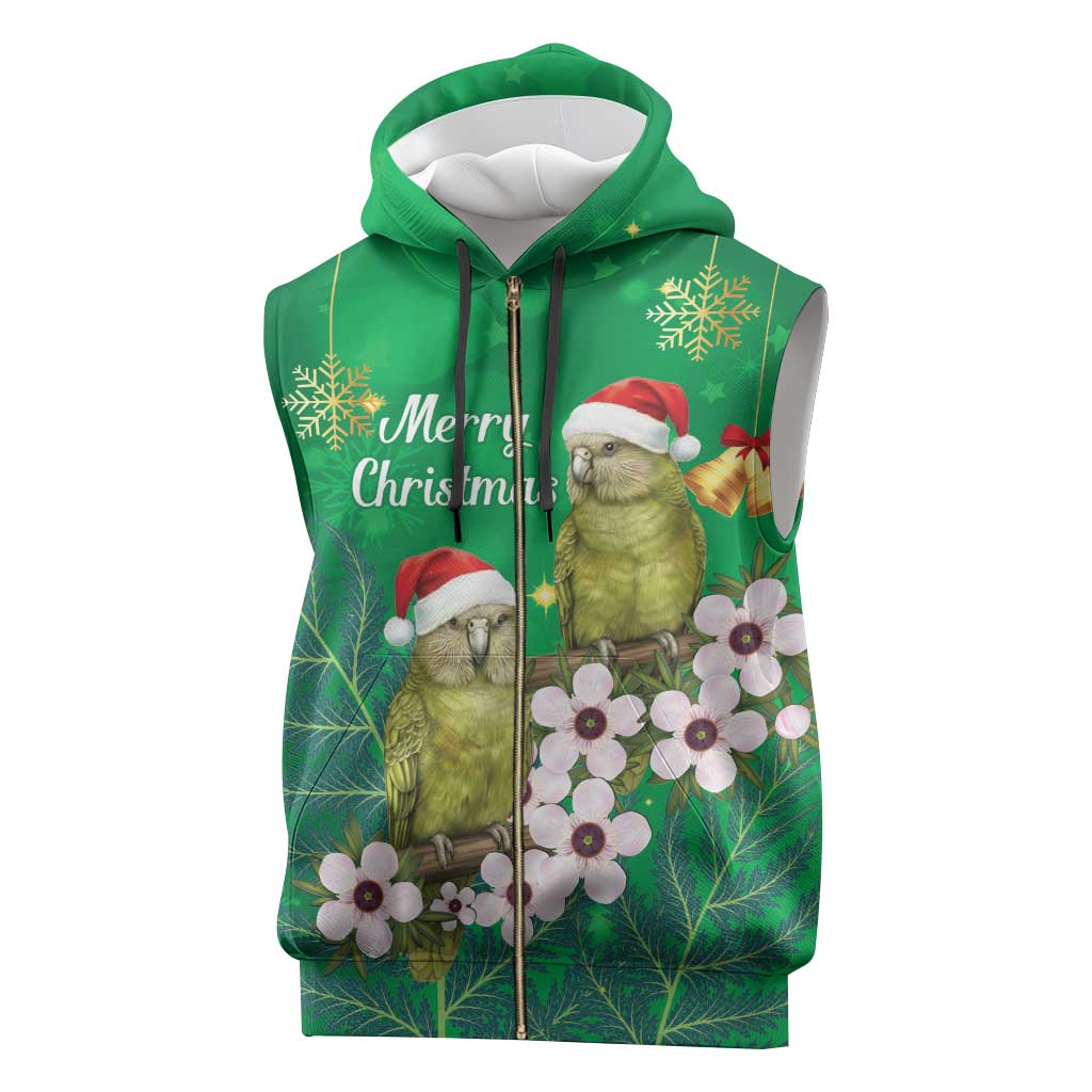 New Zealand Kakapo Christmas Sleeveless Zip Hoodie Owl Parrot Santa Sliver Fern Manuka - Green - Polynesian Pride