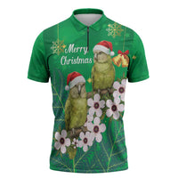New Zealand Kakapo Christmas Zipper Polo Shirt Owl Parrot Santa Sliver Fern Manuka - Green - Polynesian Pride
