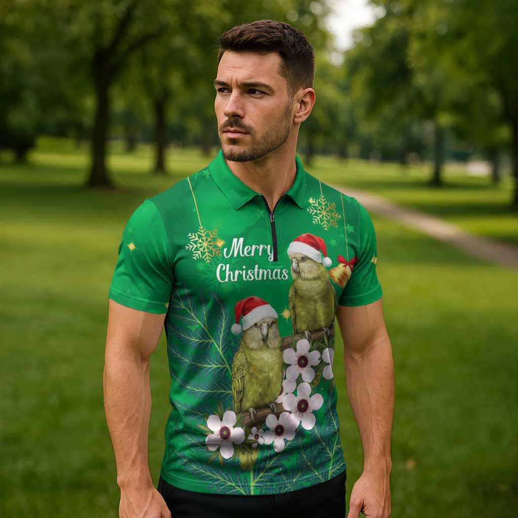 New Zealand Kakapo Christmas Zipper Polo Shirt Owl Parrot Santa Sliver Fern Manuka - Green - Polynesian Pride
