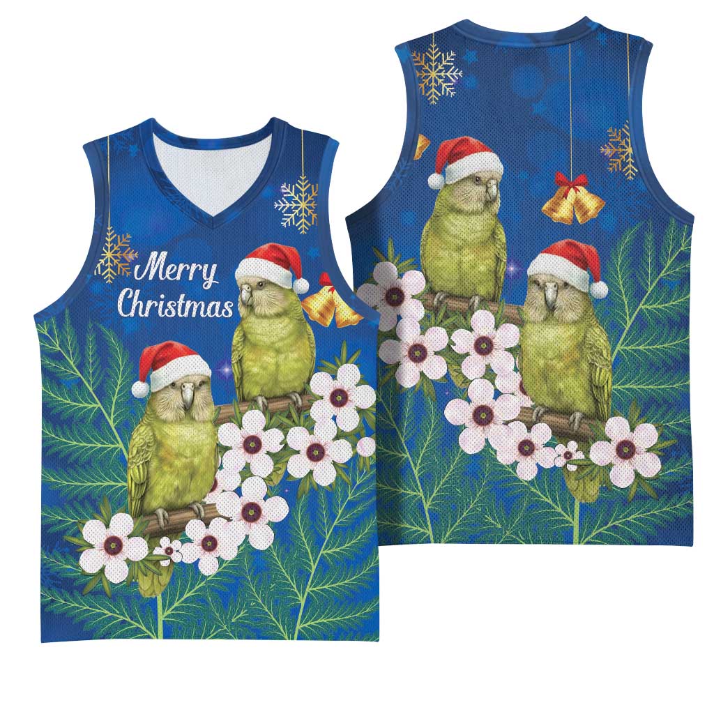 New Zealand Kakapo Christmas Basketball Jersey Owl Parrot Santa Sliver Fern Manuka - Blue - Polynesian Pride