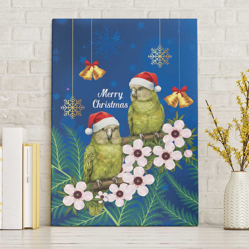 New Zealand Kakapo Christmas Canvas Wall Art Owl Parrot Santa Sliver Fern Manuka - Blue - Polynesian Pride
