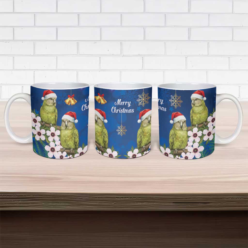 New Zealand Kakapo Christmas Ceramic Mug Owl Parrot Santa Sliver Fern Manuka - Blue - Polynesian Pride