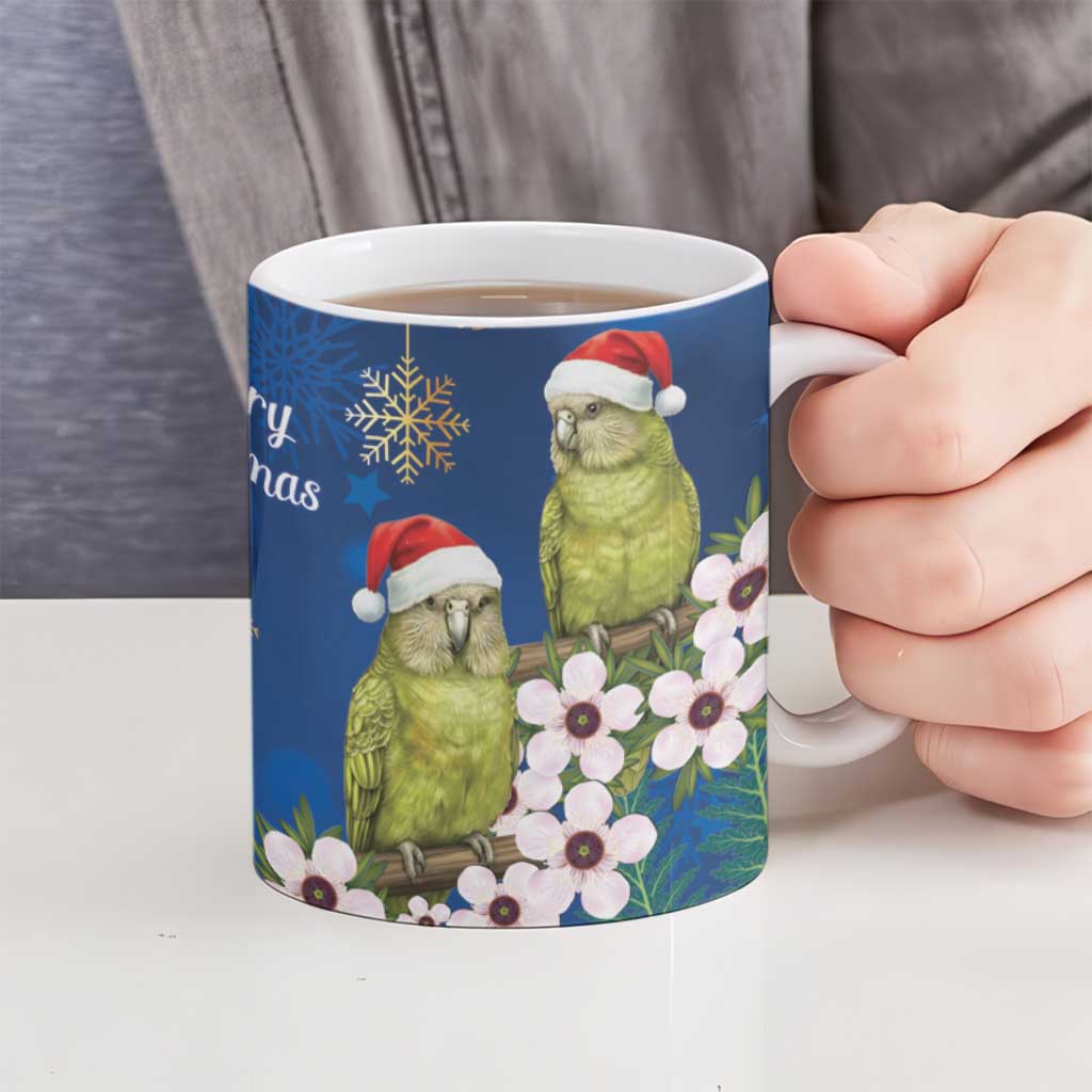 New Zealand Kakapo Christmas Ceramic Mug Owl Parrot Santa Sliver Fern Manuka - Blue - Polynesian Pride