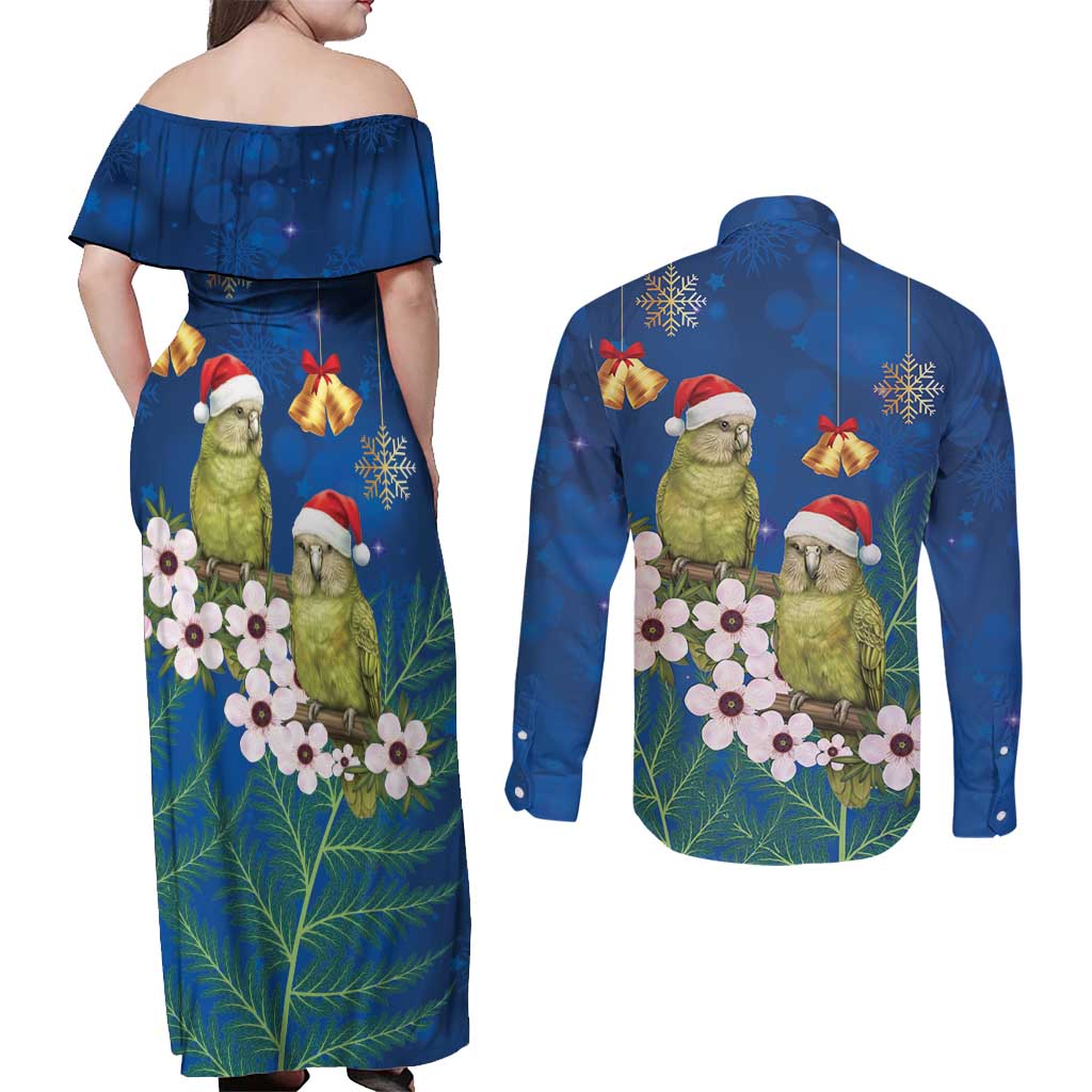 New Zealand Kakapo Christmas Couples Matching Off Shoulder Maxi Dress and Long Sleeve Button Shirt Owl Parrot Santa Sliver Fern Manuka - Blue - Polynesian Pride