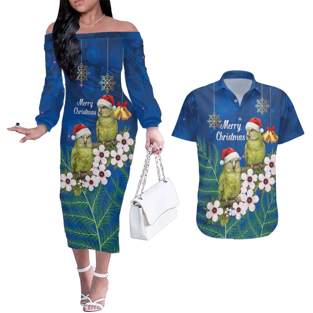 New Zealand Kakapo Christmas Couples Matching Off The Shoulder Long Sleeve Dress and Hawaiian Shirt Owl Parrot Santa Sliver Fern Manuka - Blue - Polynesian Pride