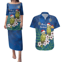 New Zealand Kakapo Christmas Couples Matching Puletasi and Hawaiian Shirt Owl Parrot Santa Sliver Fern Manuka - Blue - Polynesian Pride