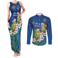 New Zealand Kakapo Christmas Couples Matching Tank Maxi Dress and Long Sleeve Button Shirt Owl Parrot Santa Sliver Fern Manuka - Blue - Polynesian Pride
