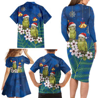 New Zealand Kakapo Christmas Family Matching Long Sleeve Bodycon Dress and Hawaiian Shirt Owl Parrot Santa Sliver Fern Manuka - Blue - Polynesian Pride