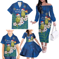New Zealand Kakapo Christmas Family Matching Off The Shoulder Long Sleeve Dress and Hawaiian Shirt Owl Parrot Santa Sliver Fern Manuka - Blue - Polynesian Pride