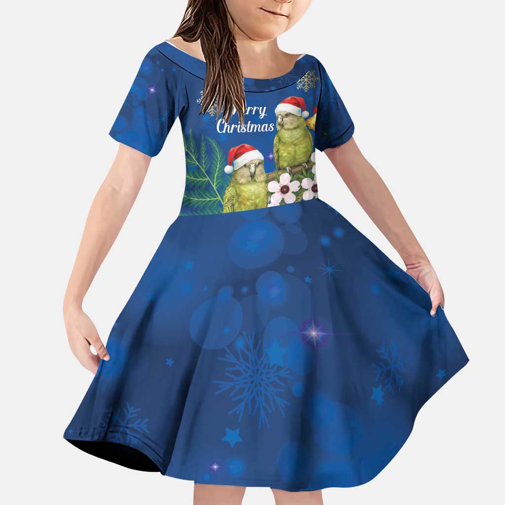 New Zealand Kakapo Christmas Family Matching Off Shoulder Maxi Dress and Hawaiian Shirt Owl Parrot Santa Sliver Fern Manuka - Blue LT14 Daughter's Dress Blue - Polynesian Pride