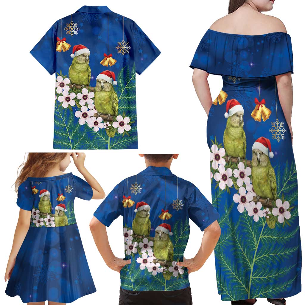 New Zealand Kakapo Christmas Family Matching Off Shoulder Maxi Dress and Hawaiian Shirt Owl Parrot Santa Sliver Fern Manuka - Blue LT14 - Polynesian Pride