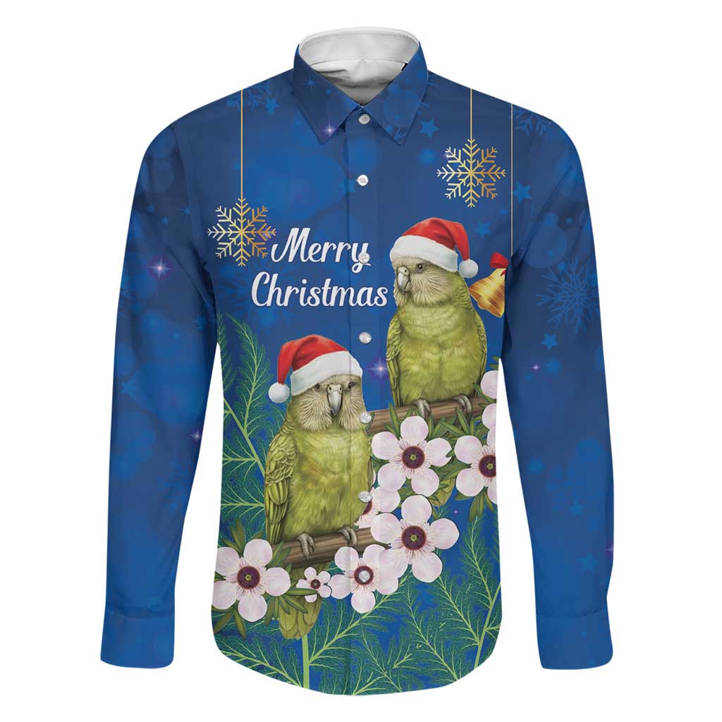 New Zealand Kakapo Christmas Family Matching Off Shoulder Maxi Dress and Hawaiian Shirt Owl Parrot Santa Sliver Fern Manuka - Blue LT14 Dad's Shirt - Long Sleeve Blue - Polynesian Pride
