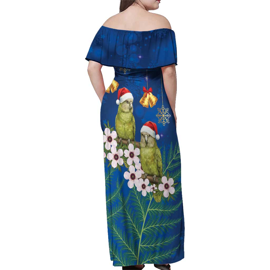 New Zealand Kakapo Christmas Family Matching Off Shoulder Maxi Dress and Hawaiian Shirt Owl Parrot Santa Sliver Fern Manuka - Blue LT14 - Polynesian Pride