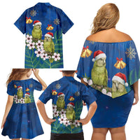 New Zealand Kakapo Christmas Family Matching Off Shoulder Short Dress and Hawaiian Shirt Owl Parrot Santa Sliver Fern Manuka - Blue - Polynesian Pride
