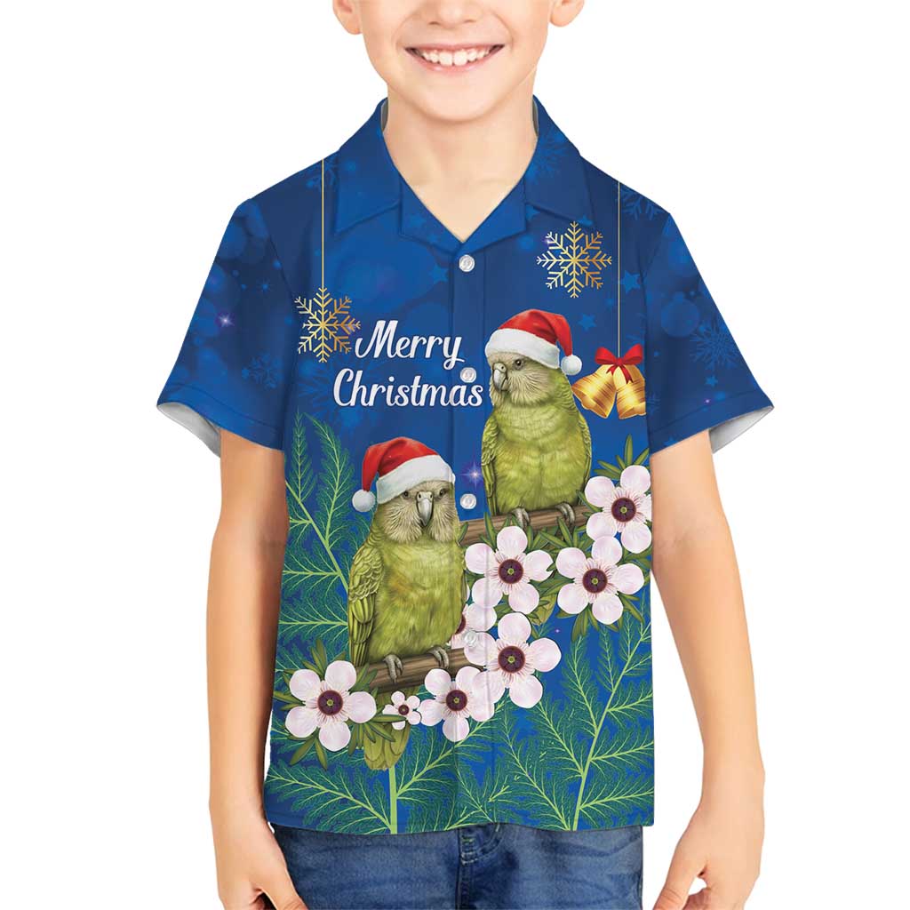 New Zealand Kakapo Christmas Family Matching Off Shoulder Short Dress and Hawaiian Shirt Owl Parrot Santa Sliver Fern Manuka - Blue - Polynesian Pride