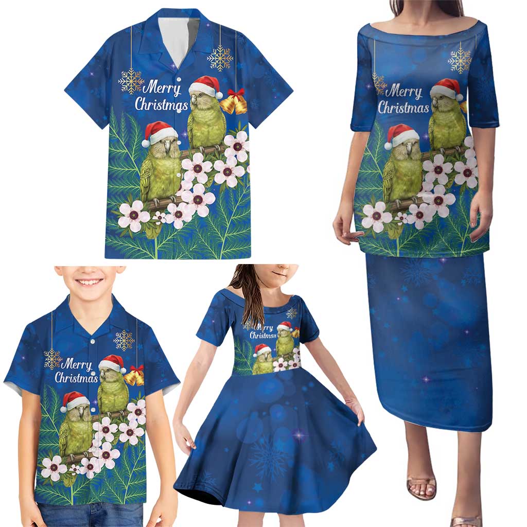 New Zealand Kakapo Christmas Family Matching Puletasi and Hawaiian Shirt Owl Parrot Santa Sliver Fern Manuka - Blue - Polynesian Pride