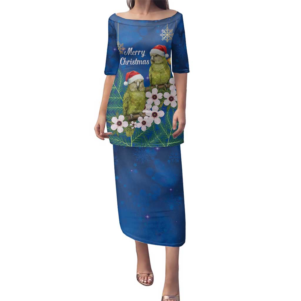 New Zealand Kakapo Christmas Family Matching Puletasi and Hawaiian Shirt Owl Parrot Santa Sliver Fern Manuka - Blue - Polynesian Pride