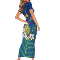 New Zealand Kakapo Christmas Family Matching Short Sleeve Bodycon Dress and Hawaiian Shirt Owl Parrot Santa Sliver Fern Manuka - Blue - Polynesian Pride