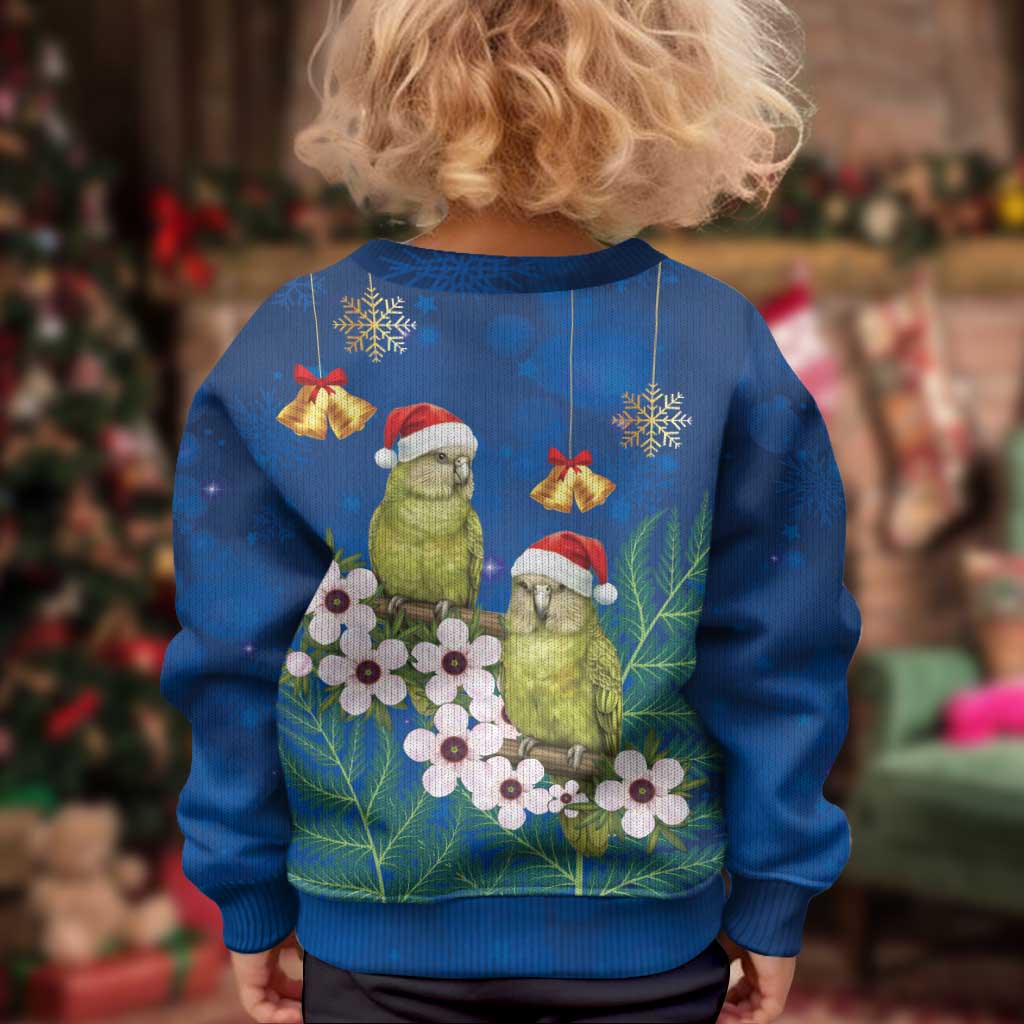New Zealand Kakapo Christmas Kid Ugly Christmas Sweater Owl Parrot Santa Sliver Fern Manuka - Blue - Polynesian Pride