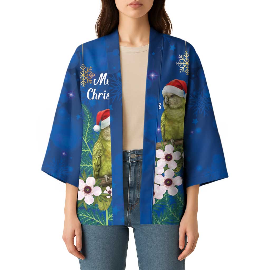 New Zealand Kakapo Christmas Kimono Owl Parrot Santa Sliver Fern Manuka - Blue - Polynesian Pride