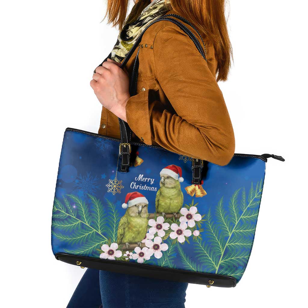 New Zealand Kakapo Christmas Leather Tote Bag Owl Parrot Santa Sliver Fern Manuka - Blue - Polynesian Pride