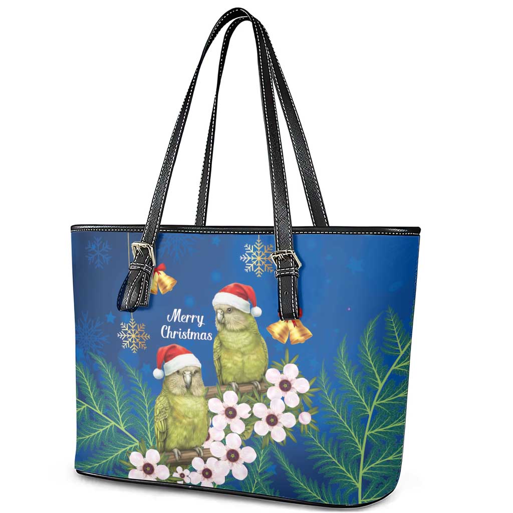 New Zealand Kakapo Christmas Leather Tote Bag Owl Parrot Santa Sliver Fern Manuka - Blue - Polynesian Pride