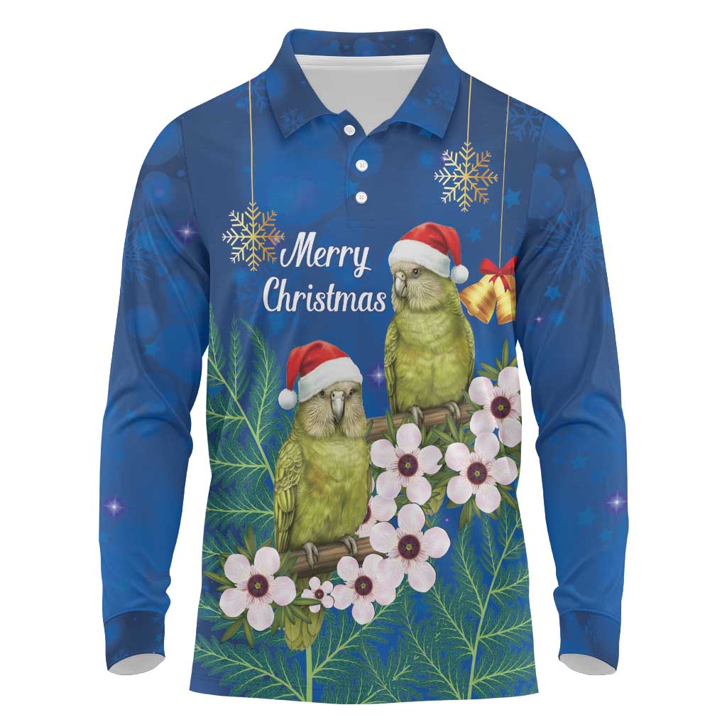 New Zealand Kakapo Christmas Long Sleeve Polo Shirt Owl Parrot Santa Sliver Fern Manuka - Blue - Polynesian Pride