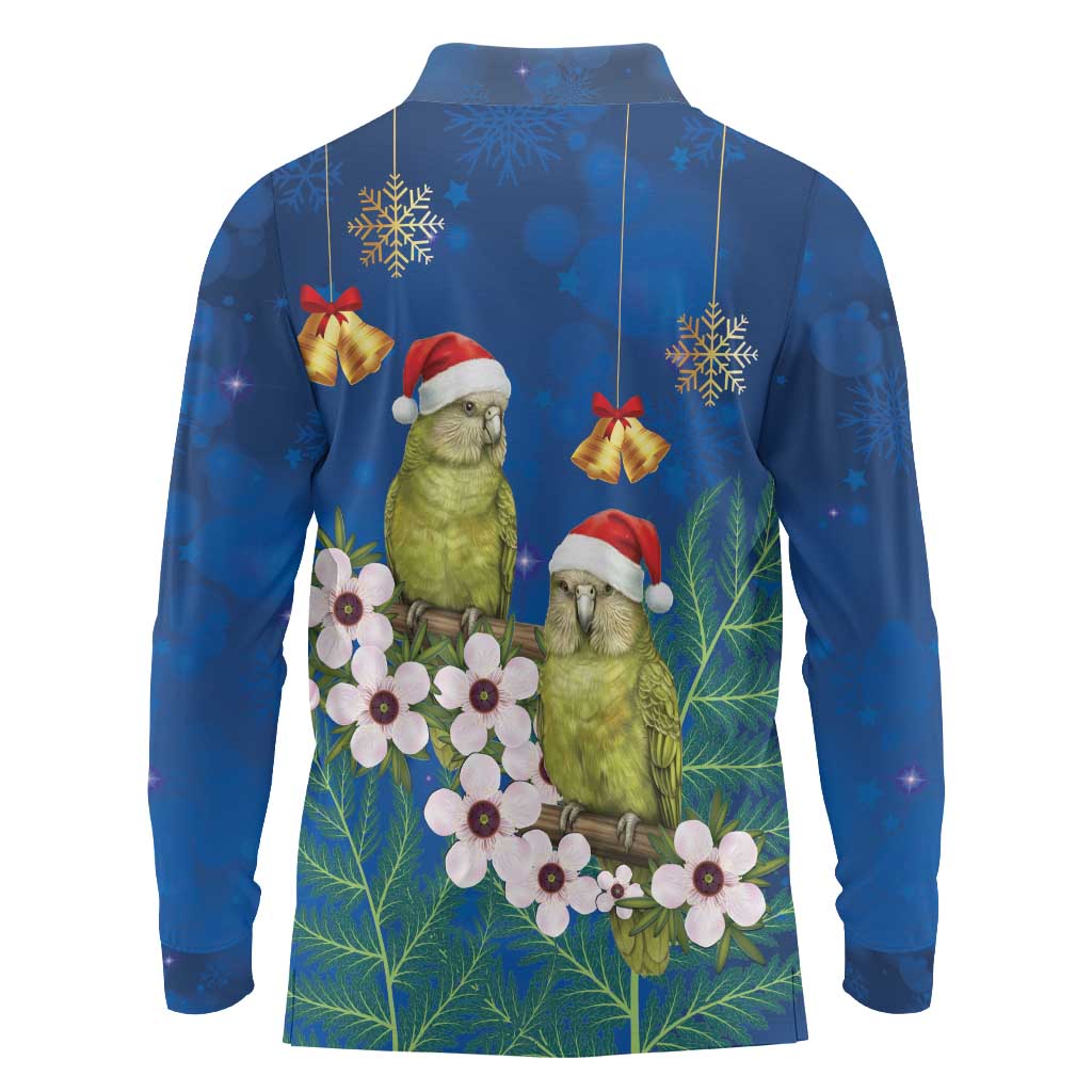New Zealand Kakapo Christmas Long Sleeve Polo Shirt Owl Parrot Santa Sliver Fern Manuka - Blue - Polynesian Pride