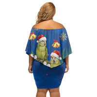 New Zealand Kakapo Christmas Off Shoulder Short Dress Owl Parrot Santa Sliver Fern Manuka - Blue - Polynesian Pride