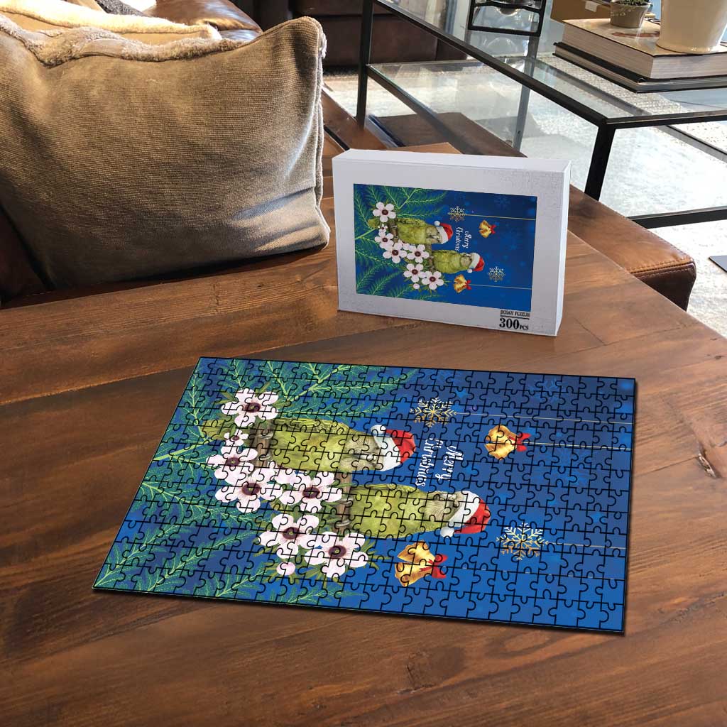 New Zealand Kakapo Christmas Puzzle Owl Parrot Santa Sliver Fern Manuka - Blue - Polynesian Pride