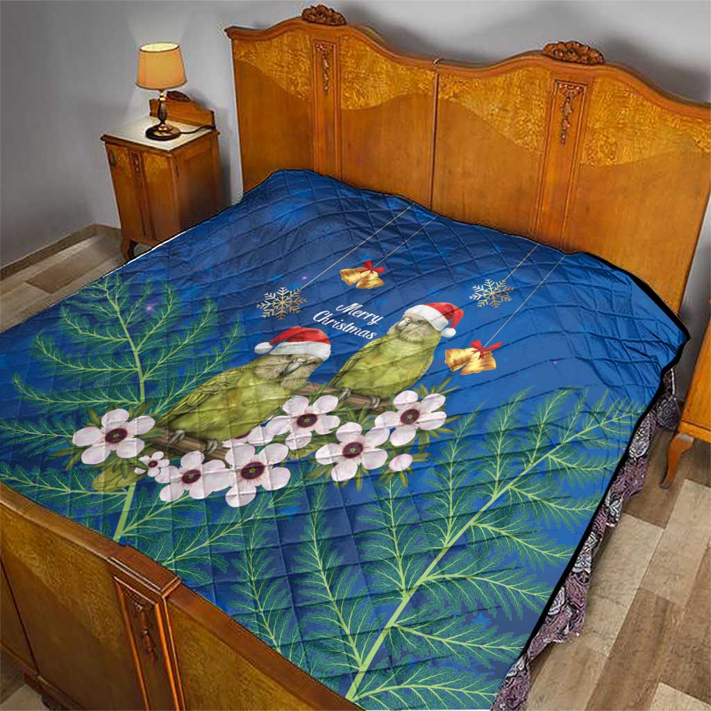 New Zealand Kakapo Christmas Quilt Owl Parrot Santa Sliver Fern Manuka - Blue - Polynesian Pride