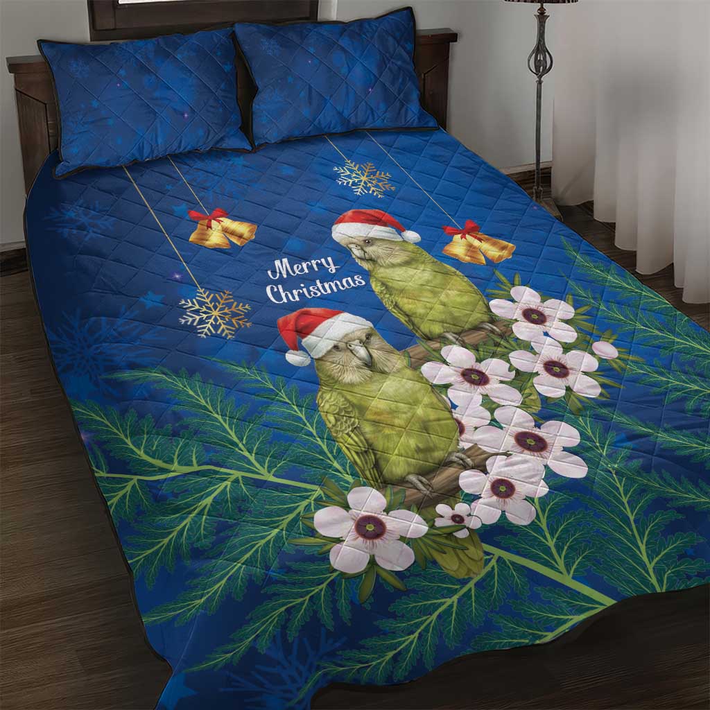 New Zealand Kakapo Christmas Quilt Bed Set Owl Parrot Santa Sliver Fern Manuka - Blue - Polynesian Pride