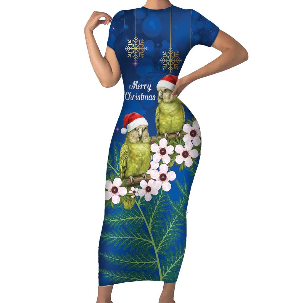 New Zealand Kakapo Christmas Short Sleeve Bodycon Dress Owl Parrot Santa Sliver Fern Manuka - Blue - Polynesian Pride