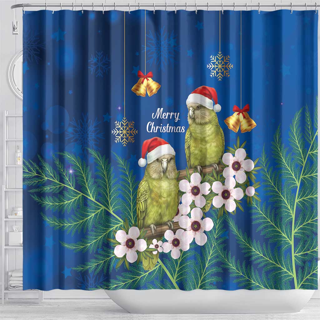New Zealand Kakapo Christmas Shower Curtain Owl Parrot Santa Sliver Fern Manuka - Blue - Polynesian Pride