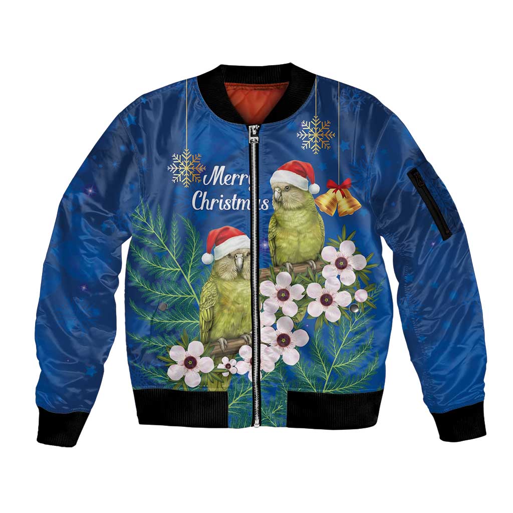 New Zealand Kakapo Christmas Sleeve Zip Bomber Jacket Owl Parrot Santa Sliver Fern Manuka - Blue - Polynesian Pride