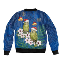 New Zealand Kakapo Christmas Sleeve Zip Bomber Jacket Owl Parrot Santa Sliver Fern Manuka - Blue - Polynesian Pride