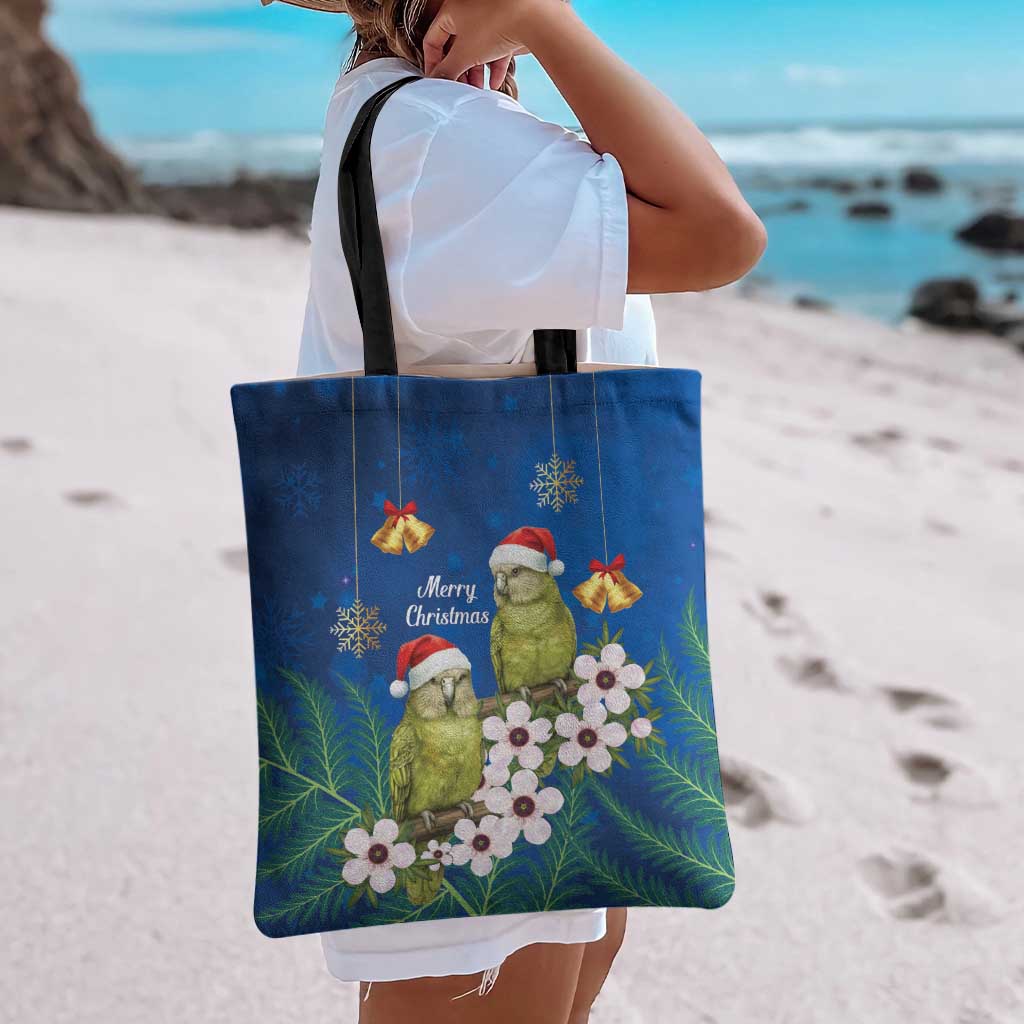 New Zealand Kakapo Christmas Tote Bag Owl Parrot Santa Sliver Fern Manuka - Blue - Polynesian Pride