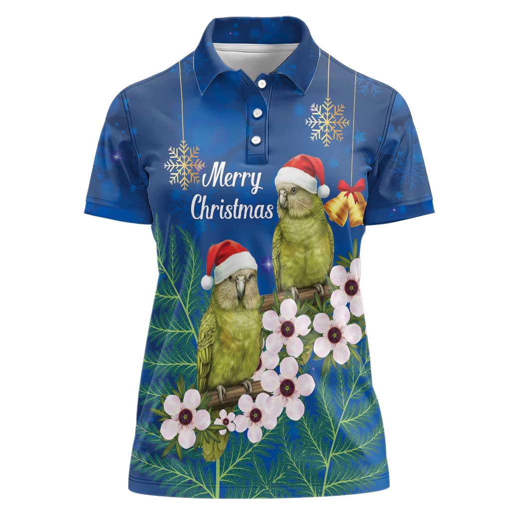 New Zealand Kakapo Christmas Women Polo Shirt Owl Parrot Santa Sliver Fern Manuka - Blue - Polynesian Pride