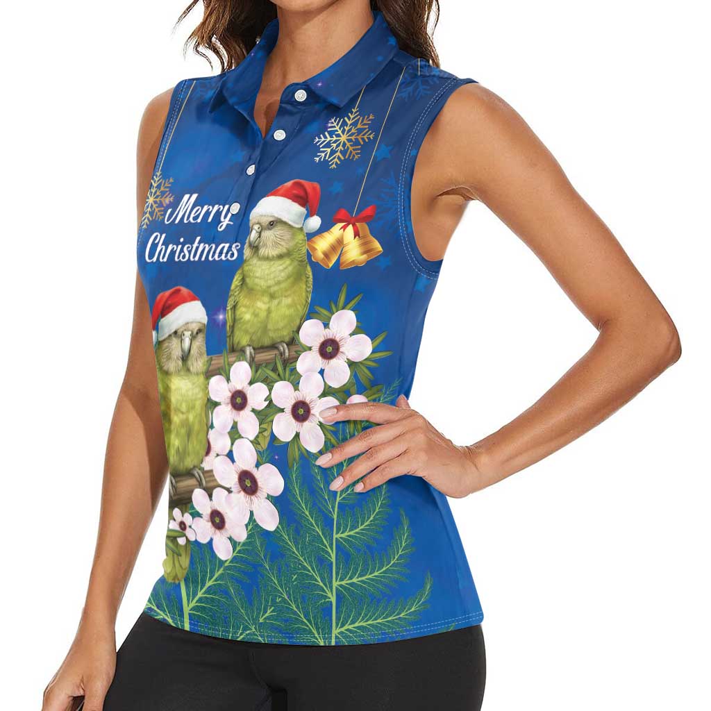 New Zealand Kakapo Christmas Women Sleeveless Polo Shirt Owl Parrot Santa Sliver Fern Manuka - Blue - Polynesian Pride