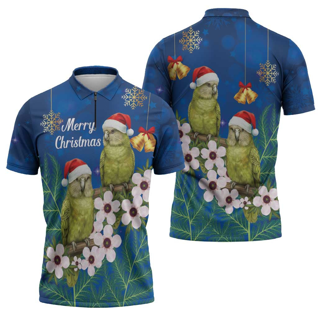 New Zealand Kakapo Christmas Zipper Polo Shirt Owl Parrot Santa Sliver Fern Manuka - Blue - Polynesian Pride
