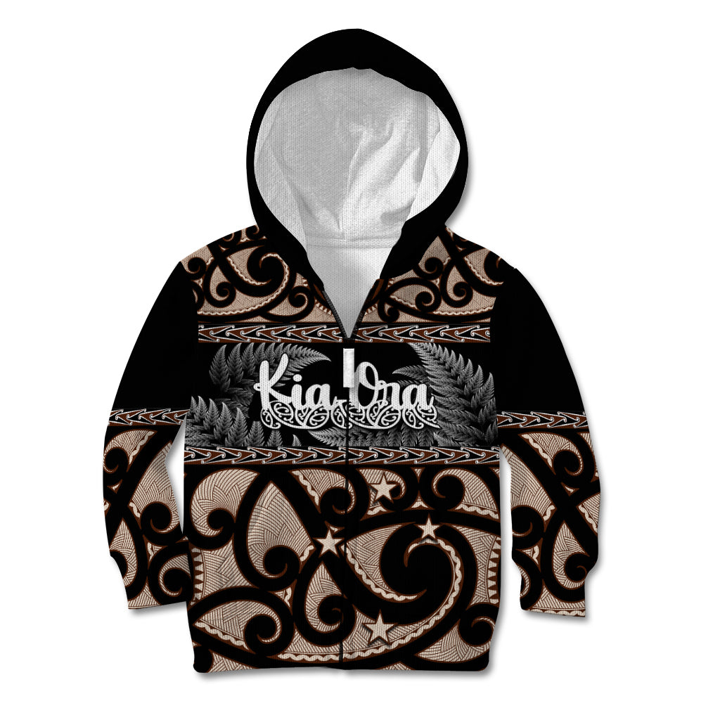 Kia Ora New Zealand Kid Hoodie Aotearoa Proud Maori With Silver Fern LT14 Zip Hoodie Black - Polynesian Pride