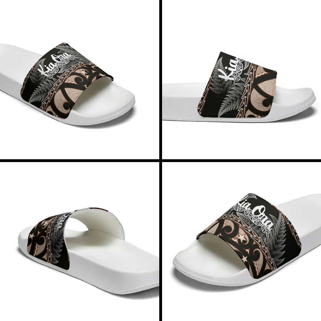 Kia Ora New Zealand Slide Sandals Aotearoa Proud Maori Silver Fern - Polynesian Pride