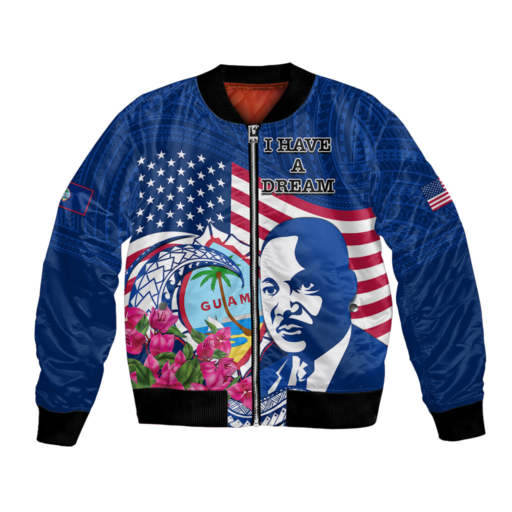 Guam Martin Luther King Jr Day Bomber Jacket I Have A Dream Guahan Seal With Bougainvillea LT14 Unisex Blue - Polynesian Pride