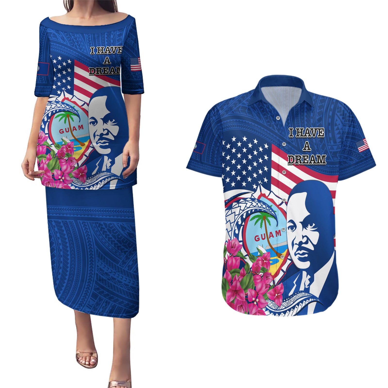 Guam Martin Luther King Jr Day Couples Matching Puletasi Dress and Hawaiian Shirt I Have A Dream Guahan Seal With Bougainvillea LT14 Blue - Polynesian Pride