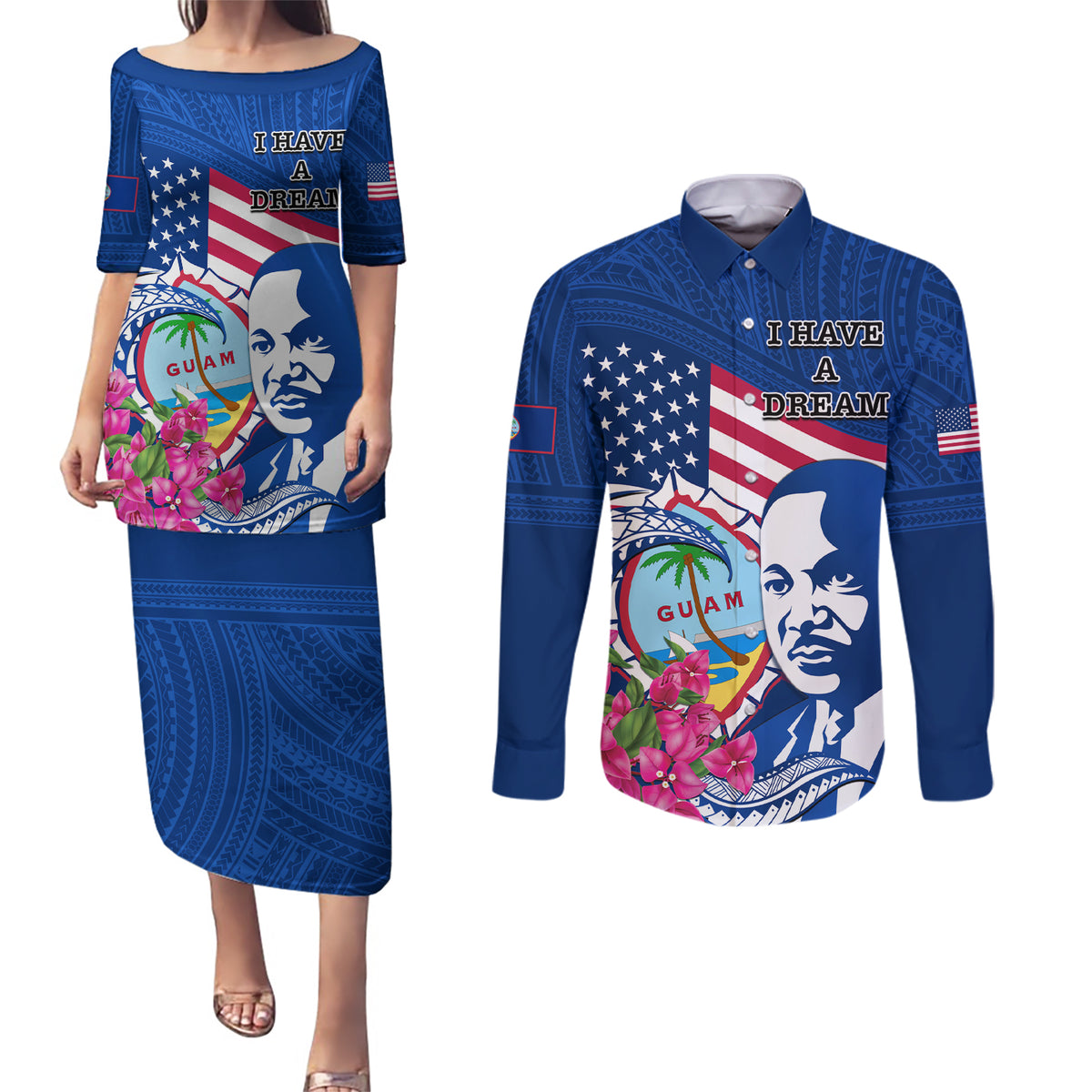 Guam Martin Luther King Jr Day Couples Matching Puletasi Dress and Long Sleeve Button Shirt I Have A Dream Guahan Seal With Bougainvillea LT14 Blue - Polynesian Pride