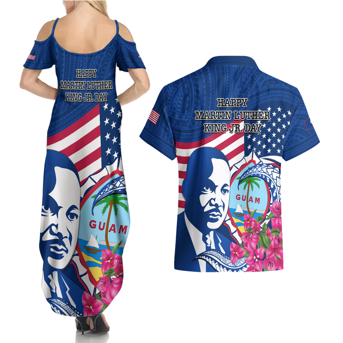 Guam Martin Luther King Jr Day Couples Matching Summer Maxi Dress and Hawaiian Shirt I Have A Dream Guahan Seal With Bougainvillea LT14 - Polynesian Pride