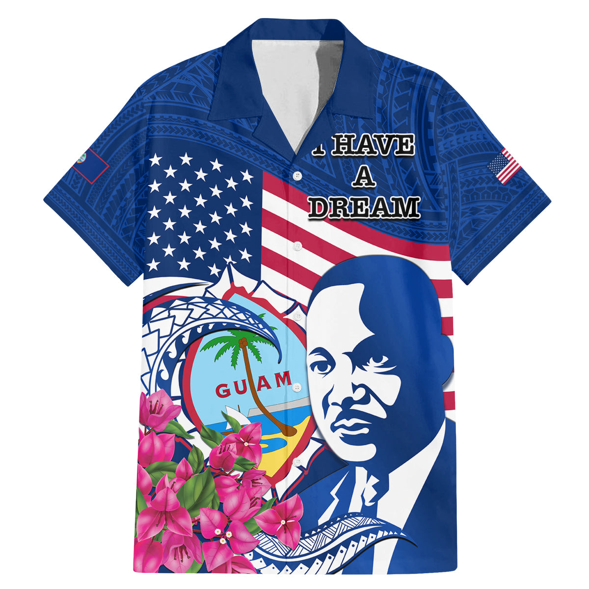 Guam Martin Luther King Jr Day Family Matching Mermaid Dress and Hawaiian Shirt I Have A Dream Guahan Seal With Bougainvillea LT14 Dad's Shirt - Short Sleeve Blue - Polynesian Pride